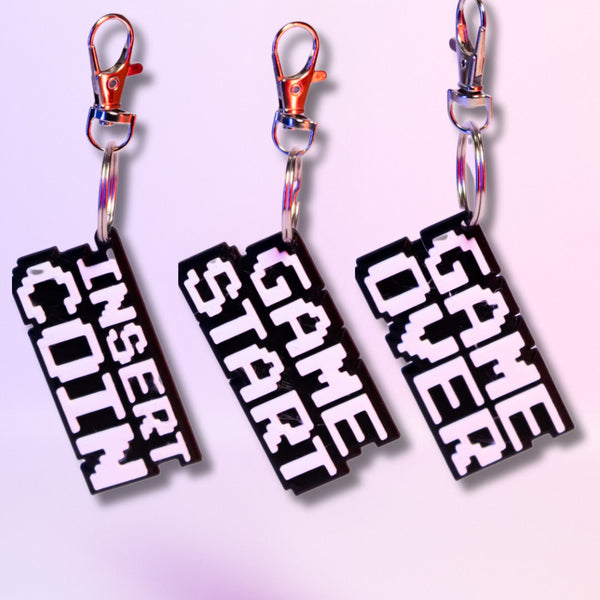 8-Bit Retro Gaming Keychain | Insert Coin • Game Start • Game Over