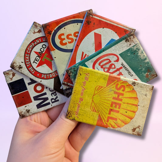 Retro magneti za hladnjak s markama motornih ulja i goriva | 8x5 cm