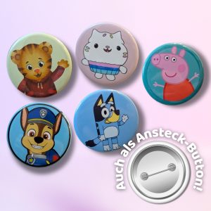 Individuell gestalteter Kinder-Cartoon-Magnet oder Ansteck-Button | Ø38 mm