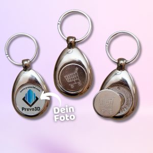 Individueller Schlüsselanhänger mit Logo oder Foto und Euro-Einkaufswagenchip | Personalisierter Metallschlüsselanhänger