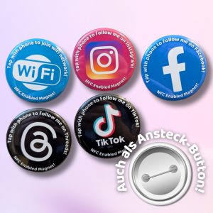 NFC-fähige Social-Media Kühlschrankmagnete oder Ansteck-Buttons | Ø38 mm (1,5")